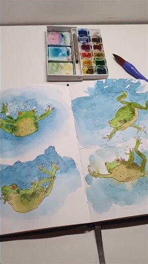 4 Little Frogs, 1 Blue Splash #art #drawing #watercolor #animalart #sketch #painting