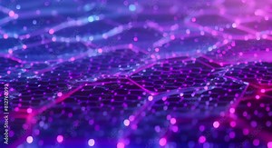 This visually striking image depicts an abstract futuristic representation of a blockchain network Intricate hexagonal structures in shades of blue and purple are interconnected with data streams and