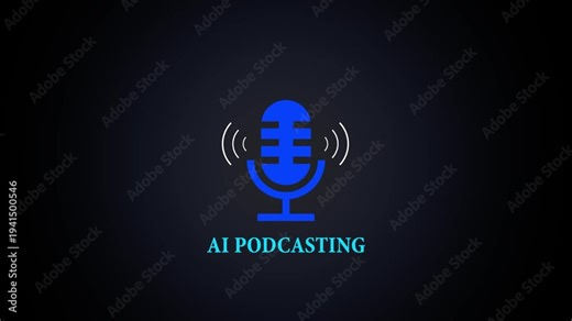 Microphone icon with sound waves and text AI podcasting
