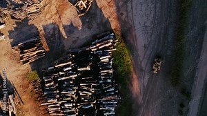 Birds-eye view of stacked lumber and a forklift in operation, capturing the end of a workday at a lumberyard.