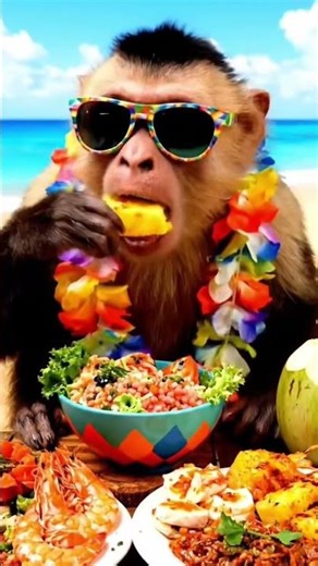 Mr. Cacto’s Hawaiian Food Mukbang 🍍🐒 | Funny Monkey Vlogger Eats in Hawaii #shorts