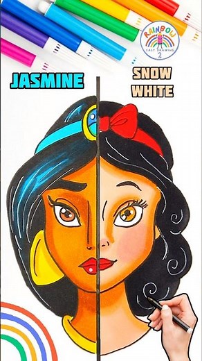 Draw Cute Disney Princesses | Draw Jasmine VS. Snow White Wow 🌈👸🏼 #disney #drawing #short