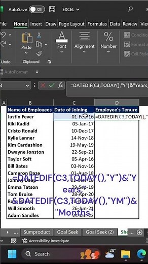 How to apply Employee Tenure Formula in Excel