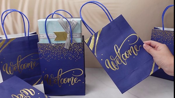 Kosiz 50 Sets Welcome Gift Bags Bulk with Handles and Tissue Paper Welcome to Our Church Kraft Paper Bags for Guests Hotel Christmas Wedding Church Visitors Birthday Party Supplies(Navy Blue)
