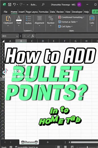 BULLET Points in Excel! #excel #exceltips #exceltricks #spreadsheet #learnexcel #edutok #howto #tutorial #viral #fyp #dhanuwaproductions