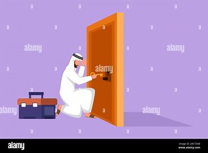 Graphic flat design drawing Arabian businessman prying doorknob with screwdriver. Man repair broken handle door knob with handyman tool in tool box. S Stock Photo - Alamy