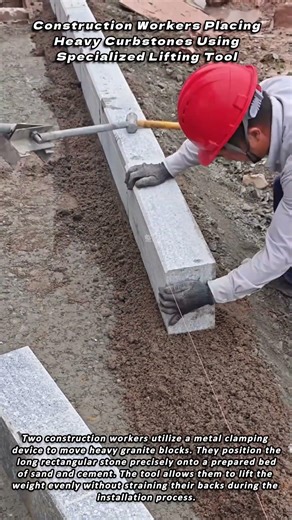 Construction Workers Placing Heavy Curbstones Using Specialized Lifting Tool