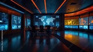 A futuristic control room with a large world map on the wall and several computer screens.