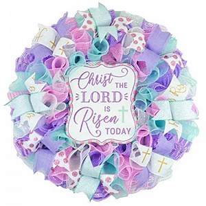 Christ Lord Risen Today Easter Front Door Wreath - Cross Present - Pink Lavender Mint Green Gold White