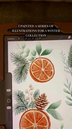 Winter pine details 🌲✨ Today I’m sharing a digital pine branch painting for winter pattern collection. I started with a simple brown stem, then layered dark green strokes to create those soft, textured pine needles. I kept the ends loose for a natural, airy feel — perfect as a filler illustration when I start building the full repeating pattern. This collection is full of cozy, woodland-inspired pieces and I can’t wait to share more! ❄️ #procreateart #digitalwatercolor #pinebranch #winterillust