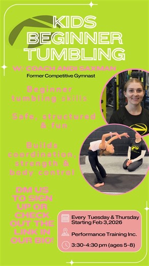 Performance Training Knox on Instagram: "Our Kids Beginner Tumbling Class is perfect for kids new to tumbling or gymnastics. Athletes will learn foundational skills in a safe, structured, and fun environment while building confidence, coordination, and body control. Tuesdays & Thursdays Starts February 3rd Performance Training Inc. Spots are limited, message us to get signed up!! #KnoxvilleKids #KnoxvilleParents #KidsTumbling #BeginnerGymnastics #YouthFitness #KnoxvilleActivities #KnoxvilleGym #