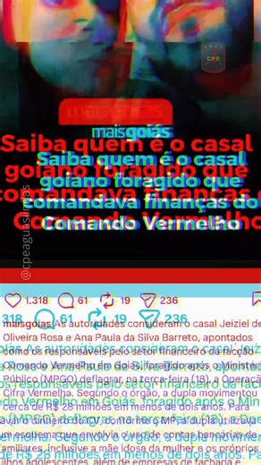CPE PERFIL OFICIAL on Instagram: "💥*PMGO/ 17º CRPM - 15ª CIPM/CPE*💥 _Operação integrada em combate ao Crime Organizado_ *CPE ENTORNO OESTE* *FICCO/GO* *CPE APARECIDA* *COD/GO* *BOPE/GO* *CPE GOIANÉSIA* *ARI 16° CRPM* > *_FAMOSO CASAL DE MEMBROS DA FACÇÃO CRIMINOSA “COMANDO VERMELHO”, AMBOS FORAGIDOS DA JUSTIÇA, ACABAM DETIDOS ENQUANTO TENTAVAM APRESENTAR DOCUMENTOS FALSOS DURANTE ABORDAGEM POLICIAL_* *Local*📍:_BR 414 - COCALZINHO-GO_ *Data*: 14/02/2026 *RESULTADO:* ☑️ 02 Foragidos da justica