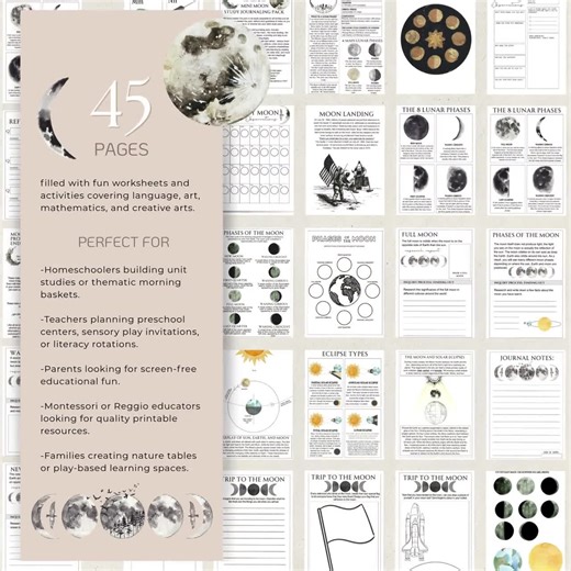 Moon Study Phases of the Moon Activities for Kids Homeschool Charlotte Mason Lunar Unit Montessori Worksheets Bundle Moon Printable PDF - Etsy Canada