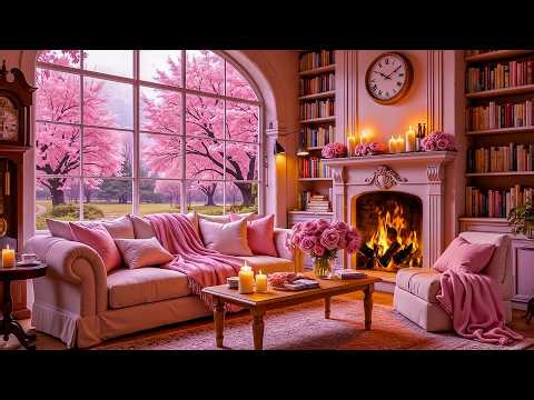 Cozy Spring Living Room with Cherry Blossom View & Fireplace 🌸 Gentle Piano Music for Relaxation