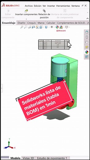 Solidworks lista de materiales o BOM (Bill of Materials) #CapCut #aprendeentiktok #solidworks #diseño #motor #tutorial #BOM #materiales #componente #lista #tabla