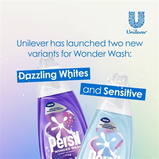 Wonder Wash short cycle laundry detergent is Unilever’s biggest and fastest-growing Home Care innovation. And it’s expanding with two new variants: Dazzling Whites for brilliant brightness and Sensitive for skin-kind care. Speed and convenience are driving laundry habits, with 78% of consumers doing one short wash cycle a week. Now, 86% of consumers looking for brighter whites and 79% seeking gentler laundry formulations can get the performance and results of a full wash in a short wash cycle. h