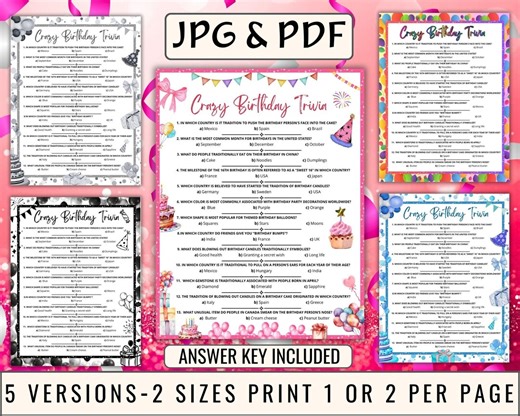 Funny Birthday Trivia Game, Printable Party Activity, Birthday Quiz, Instant Download JPG & PDF. - Etsy