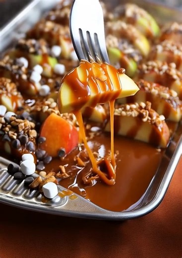 4.9K views · 35 reactions |  Sheet Pan Caramel Apples ✨ 蓼 Ingredients: • 4 large apples, sliced • 1 cup caramel sauce • ½ cup melted chocolate chips  Get the Full Recipe  (check c.o.m.m.e.n.t)  Hashtags: #CaramelApples #FallDessert #AppleLovers #EasyTreats #SheetPanDessert #SweetTooth #PartySnacks #TastyToobo #ChristmasYummyTable #FunDessertIdeas | Christmas Yummy Table | Facebook