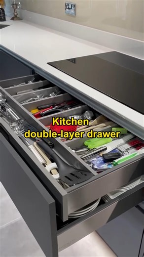 building material supplier on Instagram: "Double-Layer Kitchen Drawer Design | Storage That Works Smarter 👇 One drawer, two levels — designed to organize without wasting space. 🔹 Upper shallow drawer Perfect for cutlery, utensils, and small tools. Everything is visible and easy to reach the moment you open it. 🔹 Lower deep drawer Designed for plates, bowls, and cookware, keeping heavier items stable and well organized. 🔹 Better workflow Daily-use items stay together in one zone, reducing unn