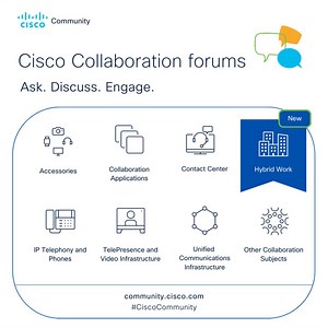 Need help with #CiscoCollaboration products or services? Start a conversation 💬 on #CiscoCommunity's Collaboration forums to get quick peer support or hear from Cisco experts. Bookmark 📌 http://cs.co/6186PMRmw Psst... Don't forget to check out our 🆕 #HybridWork forum! #WhatsNew | Cisco Community