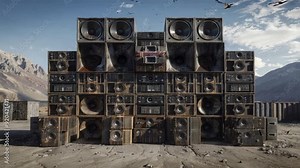 Echoes in the Desert: A colossal wall of weathered speakers dominates a desolate landscape, hinting at a legendary rave beneath the open sky.
