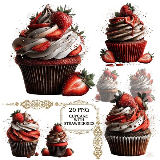 Strawberry Cupcake Clip Art Bundle, Watercolor 20 PNG With Transparent Background, Bakery Illustrations - Etsy