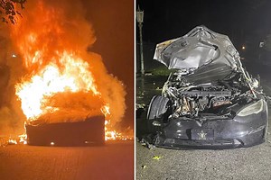 New Tesla erupts into flames & briefly traps driver inside after doors fail