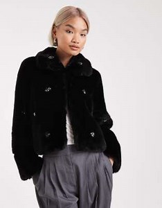 French Connection embellished cropped faux fur coat in black | ASOS
