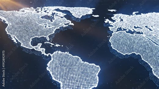 Digital world map with glowing continents and radiating light