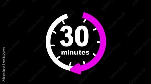 Animation timer icon with 30 minutes on transparent background with alpha channel. Animation from 30 to 1 on black background, stylish stopwatch countdown timer