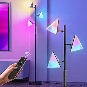 QiMH RGB Floor Lamp for Living Room, 36W LED Standing Lamp with 3 Lights, Dimmable Smart Lamp with Remote & Touch Control, Colors Changing& DIY Mode, Modern Tree Tall Lamp for Bedroom, Black
