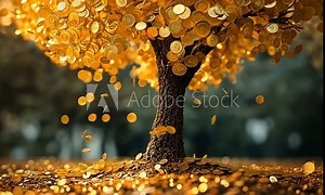 A tree with gold coins falling from it