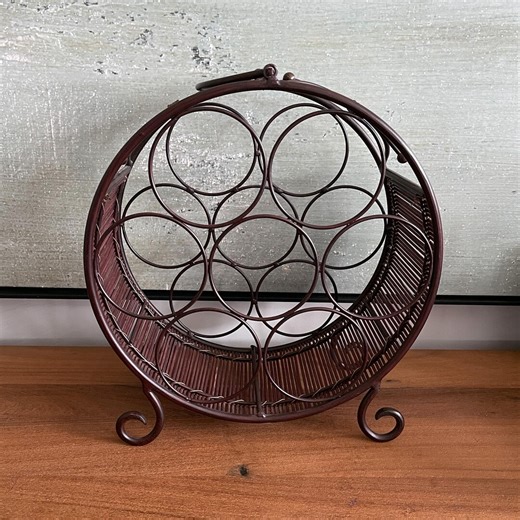 Vintage Wrought Iron and Wicker Wine Rack - Vintage Wicker Wine Rack With 7 Bottles, Iron Handle, Rustic Decor - Bottle Rack - Etsy