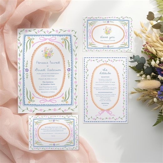 Whimsical Floral Wedding Invitation Suite, Colorful Watercolor Wildflower Garden Party Invite Template - Etsy