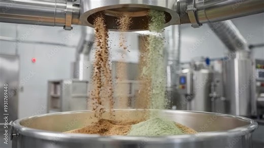 Medium shot focused on instant tea powders and flavor enhancers combining seamlessly in a controlled environment with advanced dust extraction in the mixing facility.