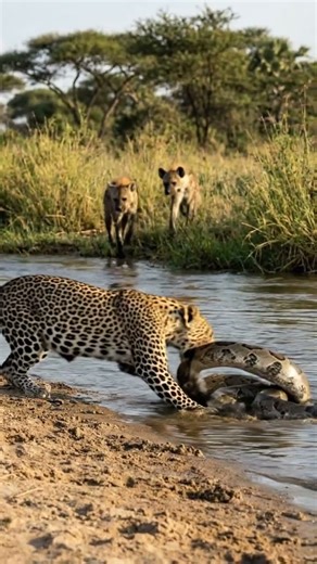 Leopard bite big python at the riverside 1