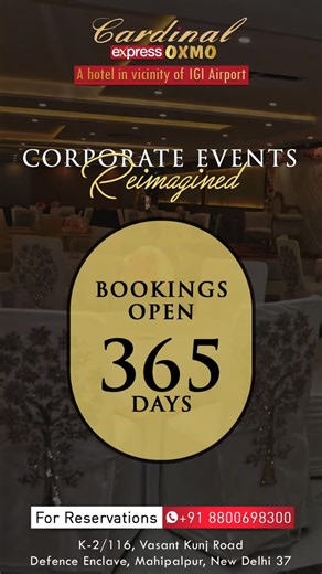 Cardinal Express OXMO Hotel | Banquet | Conference facilities on Instagram: "Whether you are organising Annual meets or planning to discuss your big move or simply taking a moment to connect with all. At Cardinal Express Oxmo our Banquet Hall is designed to cater all your needs. 𝐅𝐨𝐫 𝐁𝐨𝐨𝐤𝐢𝐧𝐠𝐬, 𝐜𝐚𝐥𝐥 𝐮𝐬 𝐚𝐭 𝟎𝟏𝟏 𝟒𝟒𝟕𝟐𝟏𝟏𝟎𝟎. 𝐖𝐡𝐚𝐭𝐬𝐀𝐩𝐩: +𝟗𝟏 𝟖𝟖𝟎𝟎𝟔 𝟗𝟖𝟑𝟎𝟎 / +𝟗𝟏 𝟖𝟖𝟎𝟎𝟔𝟗𝟖𝟒𝟒𝟒. [Cardinal Hotel, Gurgaon events, New Delhi events, banquet hall, event venu