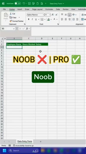 Excel Noob vs Pro 🤯 | Data Entry Form Shortcut #Shorts