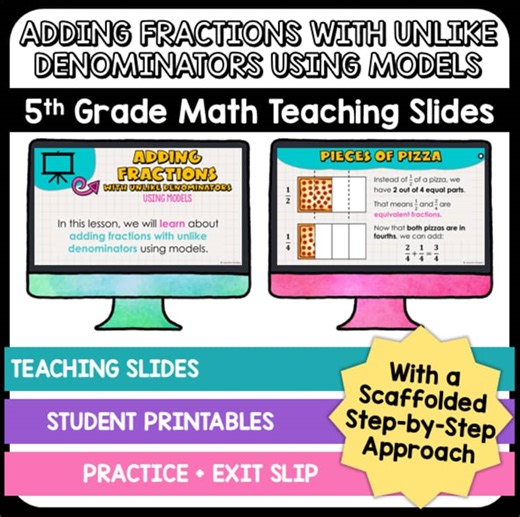 Adding Fractions with Unlike Denominators w/ Models - 5th Grade Teaching Slides