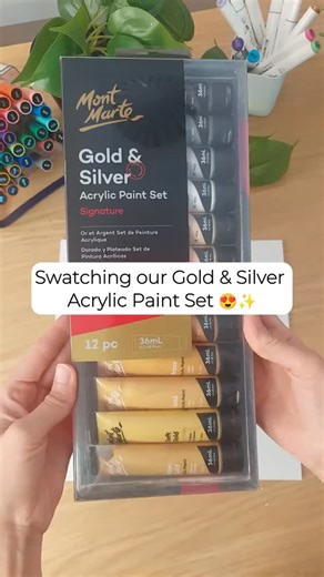 Mont Marte on Instagram: "Let's swatch our Gold and Silver Acrylic Paint Set 😍✨⁠ This set is great for adding shiny, metallic details to your artworks, with 12 shimmering gold and silver shades that really stand out on both light and dark surfaces.⁠ ⁠ What would you create with these metallics? Let us know in the comments 👇⁠ ⁠ Need some sparkle in your studio? Grab a set today - link in bio 🫶⁠ ⁠ #colourswatching #unboxing #metallicpaint #artsupplies #montmarteart"