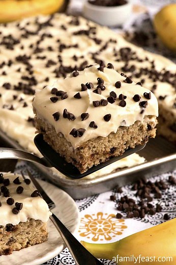 Banana Chocolate Chip Sheet Cake with Cream Cheese Frosting