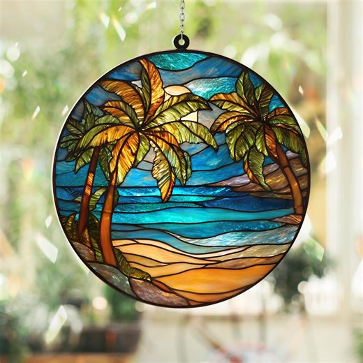 Tropical Beach Palm Tree Stained Glass Suncatcher, Ocean Sunset Window Art, Paradise Island Decor, Summer Vacation Gift for Beach Lovers - Etsy