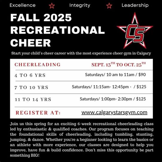✨ Fall 2025 Recreational Cheer is HERE! ✨ Ready to cheer your way into something amazing? 🙌 This 6-week session is the perfect way to be introduced to the exciting world of cheerleading — with Calgary’s longest-running cheer program and the best track record in the city. 💫 Family-owned & operated for 21 years, we’ve been building skills, confidence, and lifelong friendships since day one! Whether your athlete is looking for a fun new activity or a first step toward competitive cheer, this prog