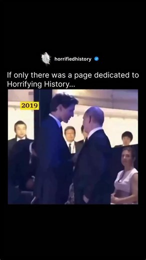 Horrifying History on Instagram: "During a 2019 international summit (believed to be the G20 meeting in Osaka), Canadian Prime Minister Justin Trudeau engaged in an unusual diplomatic moment with Russian President Vladimir Putin that sparked widespread discussion. Video footage shows Trudeau leaning in close to Putin during a conversation, briefly placing his hand on the Russian leader’s chest in what appeared to be an overly familiar gesture. The unexpected physical contact immediately triggere