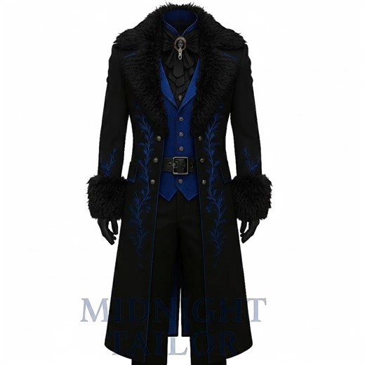 Men’s Gothic Victorian Tailcoat Black With Fur Collar & Cuffs | Royal Blue Embroidered Steampunk Coat | Vampire Cosplay Wedding Jacket - Etsy