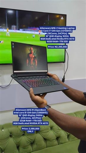 Hp | Acer | Alienware | Asus | MSi Gaming Laptops in lagos on Instagram: "Alienware M16 R1 HighEND Gaming Laptop🥶🥶 16inch QHD+ (2560 x 1600) 165Hz Display Intel Core i7 13700HX (16cores, 24CPUs, up to 5.4GHz Max Turbo) 16GB DDR5 RAM 1TB PCle SSD Storage 8GB Dedicated NVIDIA GeForce RTX 4070 Laptop GPU AlienFX RGB backlit Keyboard 2x Thunderbolt 4 Metallic Moon Price: N2,390,000✳️✳️ _________________________________________________________ Alienware M16 R1 HighEND Gaming Laptop (OpenBox) Intel 