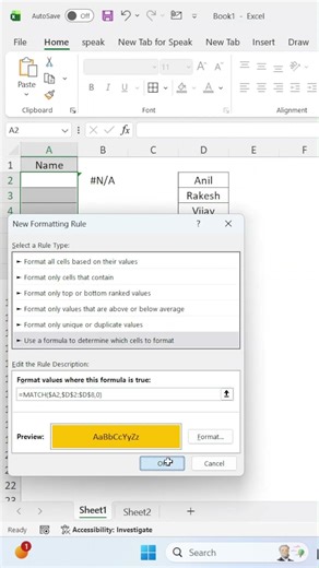 Conditional Formatting with MATCH Function in Excel 🔥 | #excel #viral #shorts #trending #exceltips