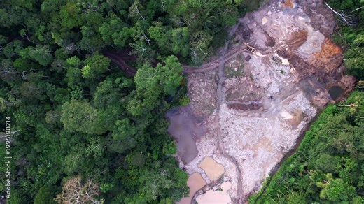 Aerial view of an illegal gold mining concession in the Amazon, Napo province, Ecuador