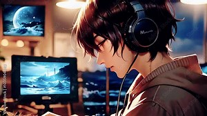 Lofi animation. Seamless loop. boy listening the music. Assets were created with the help of an AI and then were manually modified and animated
