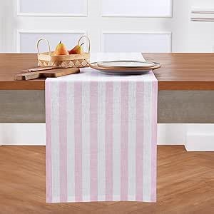 Solino Home Linen Striped Table Runner 48 Inches - Sorrento Stripe, 100% Pure Linen Pink and White Small Table Runner 14 x 48 Inch Ideal for Dresser and Coffee Tables, Mothers Day, Spring, Easter